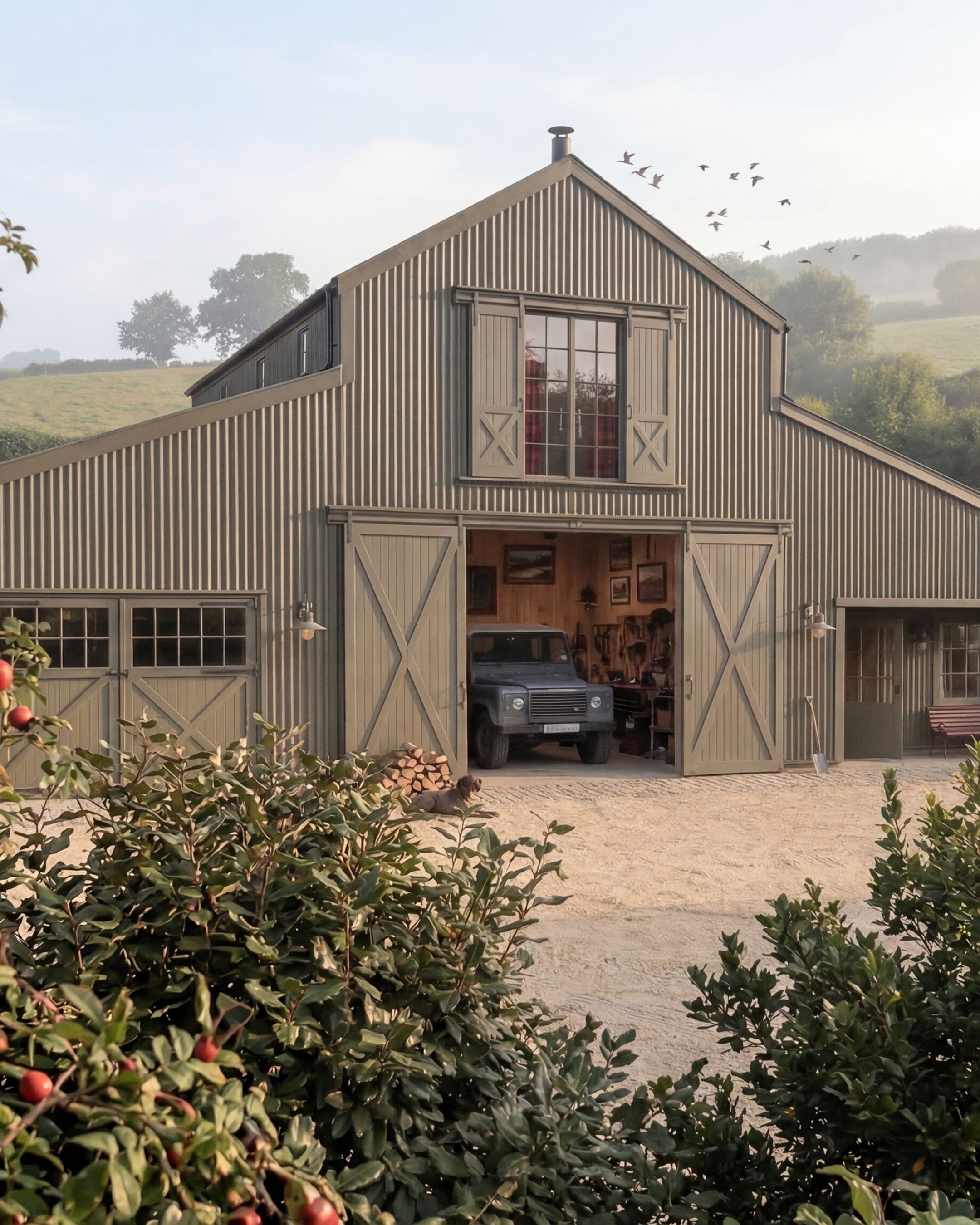 A rustic barn exterior featuring weathered grey metal cladding, large double doors, and a vintage Land Rover parked inside