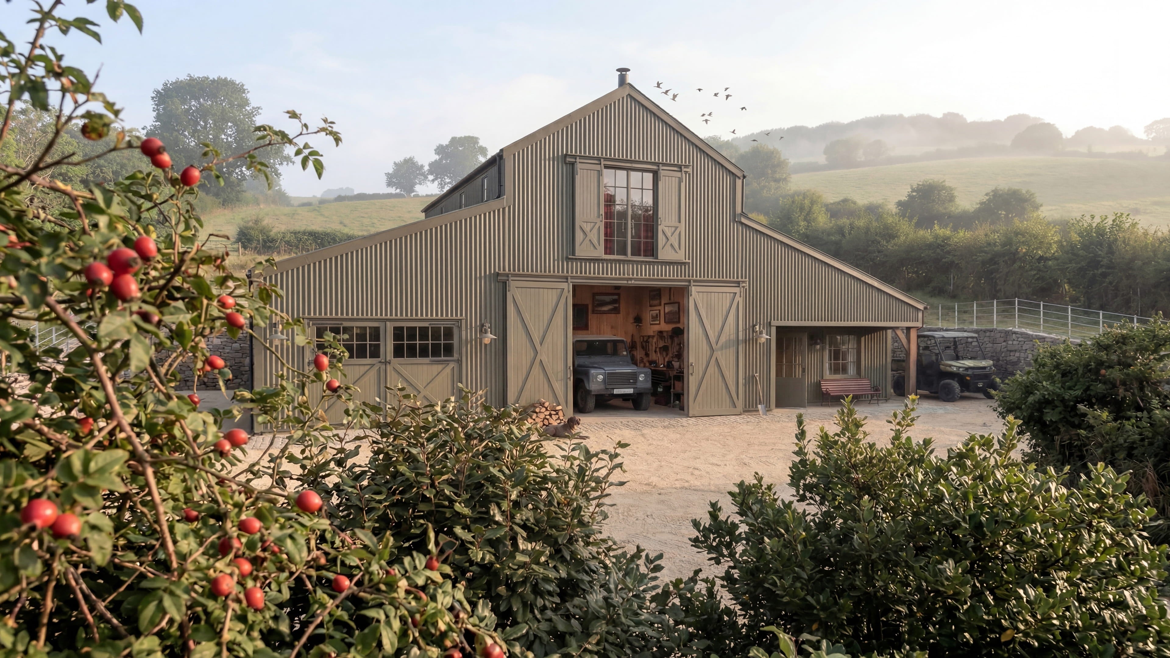 Rustic barn with weathered grey cladding, large open doors revealing vintage vehicles and lush green surroundings