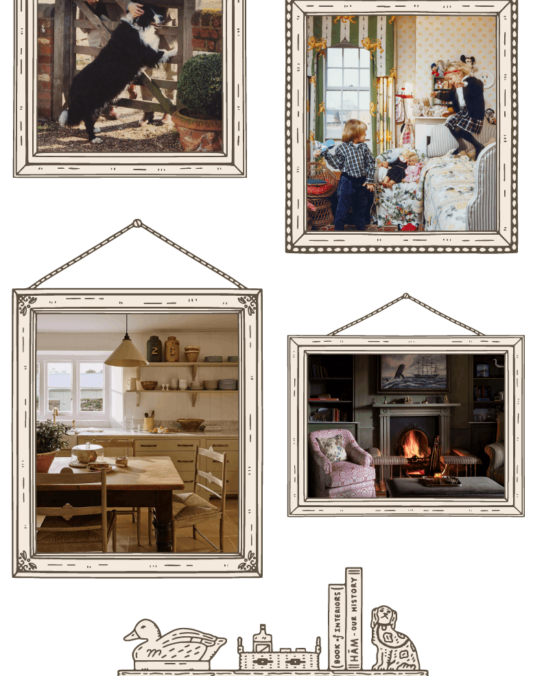 Four framed vintage artworks featuring a black dog, children playing, a kitchen scene, and a cozy sitting room with a fireplace