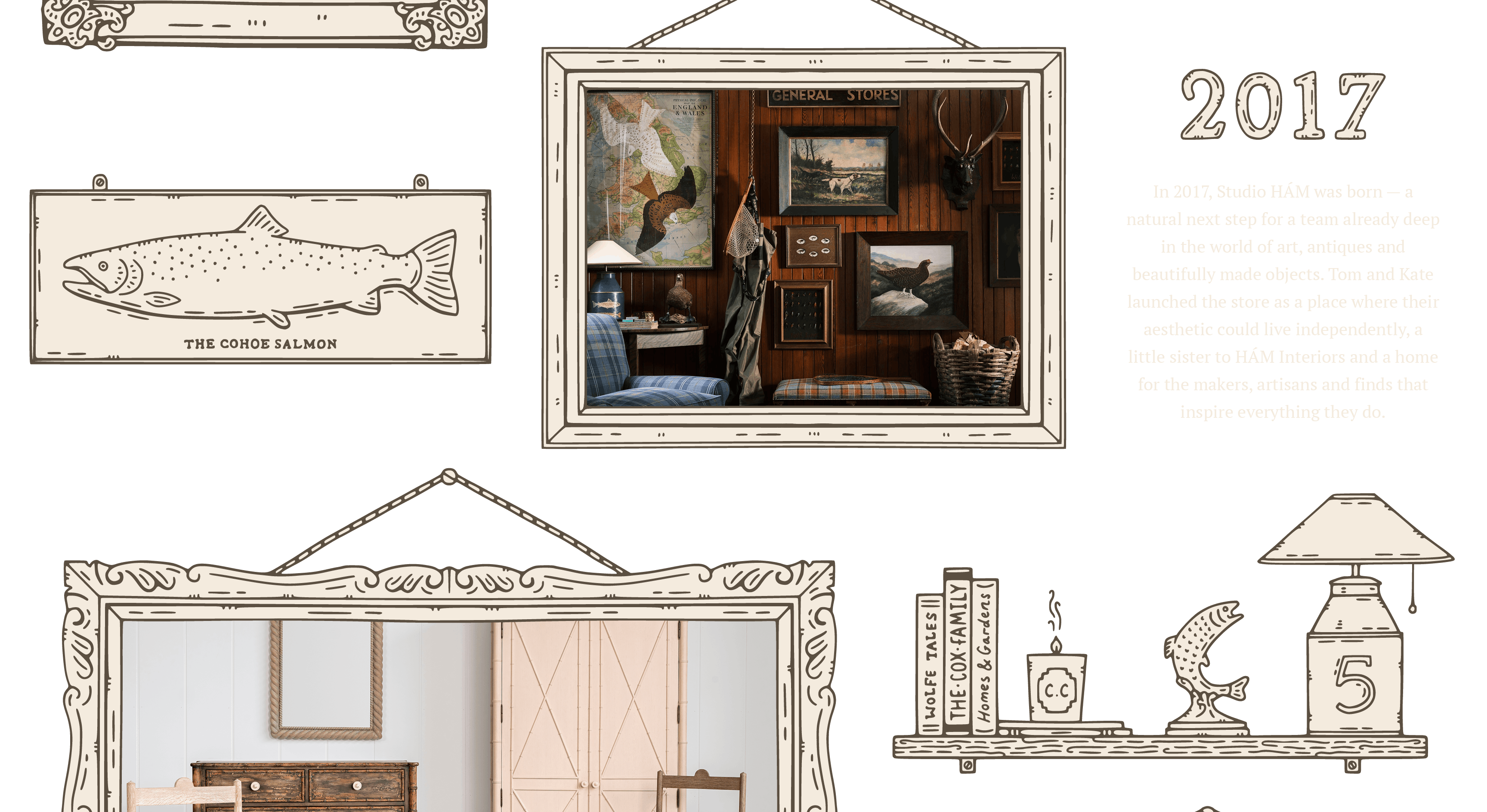 A cozy study featuring dark wooden paneling, vintage artwork, a plaid sofa, and a rustic basket filled with logs