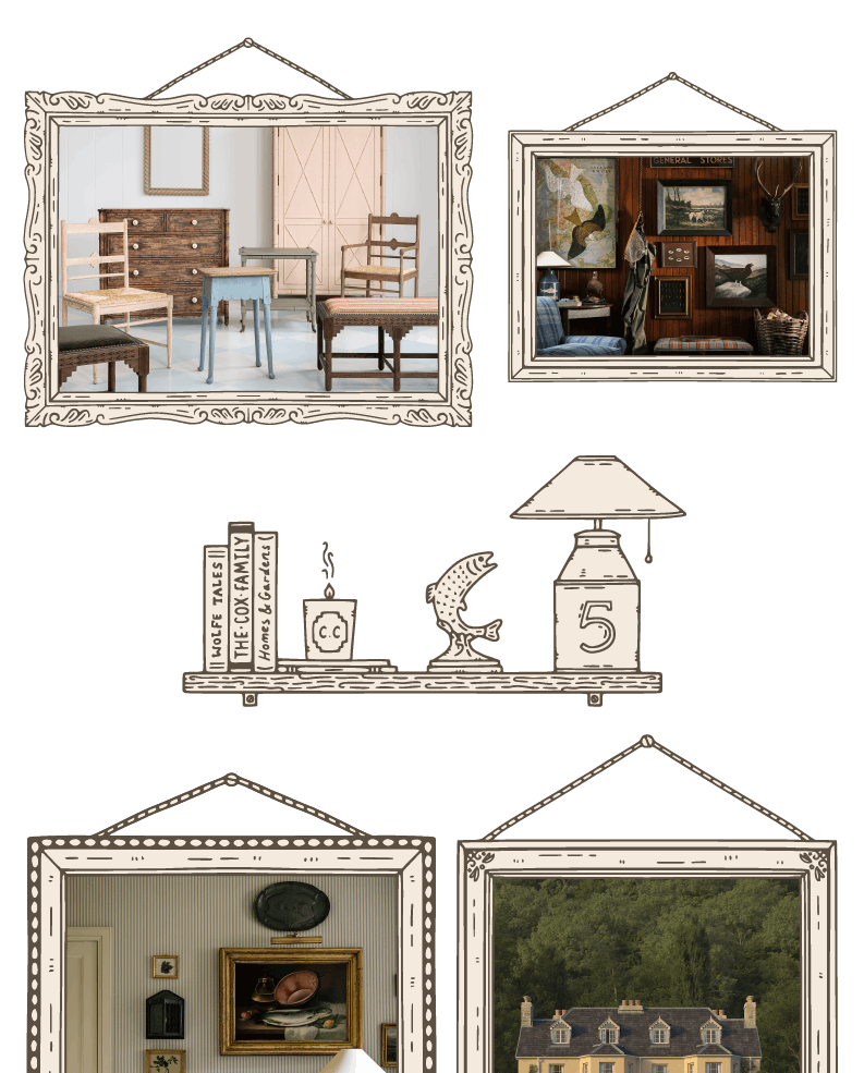 Gallery wall featuring vintage artwork, a dark wooden side table, and a soft blue upholstered chair against striped wallpaper