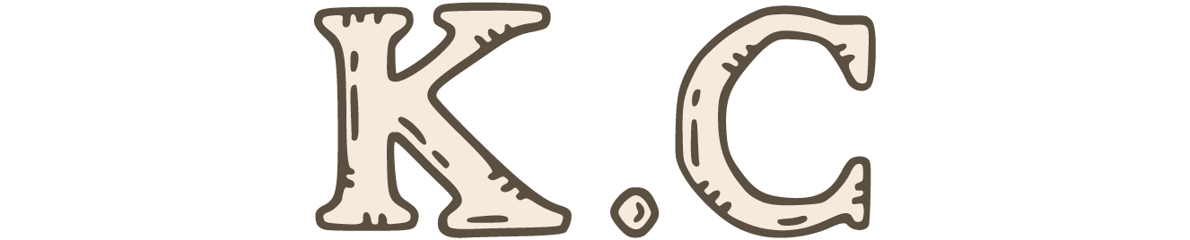 A stylized logo featuring the letters 'K.C' in a playful, hand-drawn font with a light beige color scheme
