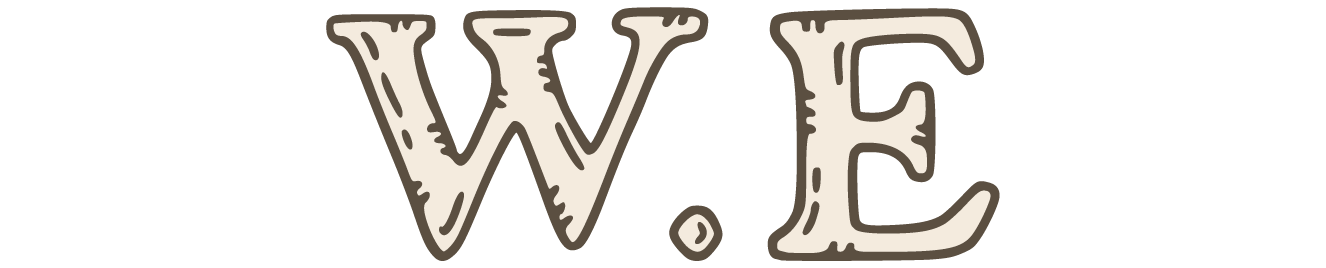 Logo featuring the stylized letters 'W.E' in a rustic, hand-drawn font with a cream background and dark outlines