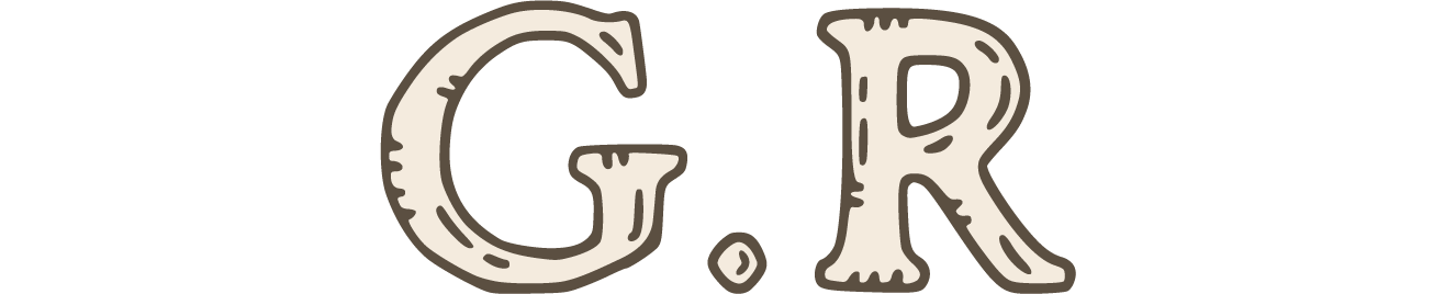 Stylised logo featuring the letters 'G' and 'R' in a playful, hand-drawn font with a rustic beige and brown color scheme