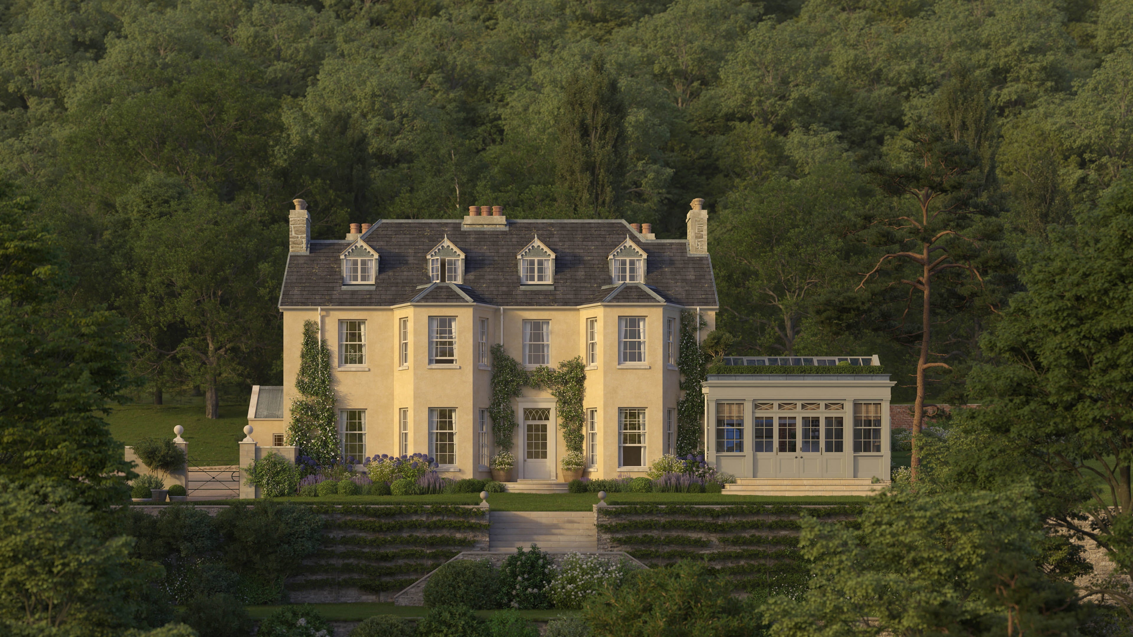 Grand Georgian house with pale yellow stucco, slate roof, and lush greenery surrounding the entrance and garden