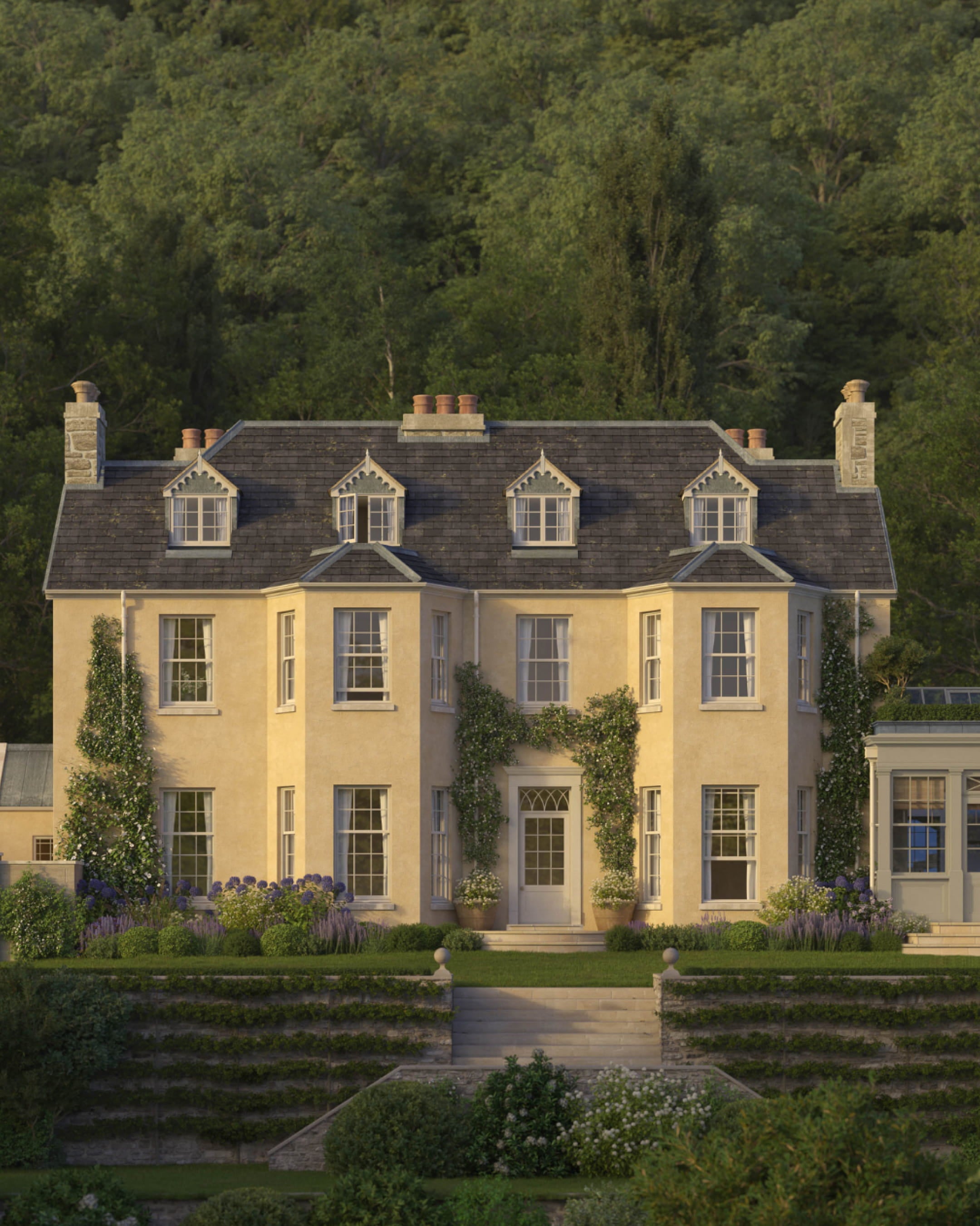 Georgian-style house with pale yellow render, slate roof, and lush greenery surrounding the front steps and gardens