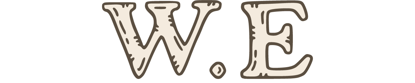 Logo featuring the stylized letters 'W.E' in a rustic, hand-drawn font with a cream background and dark outlines