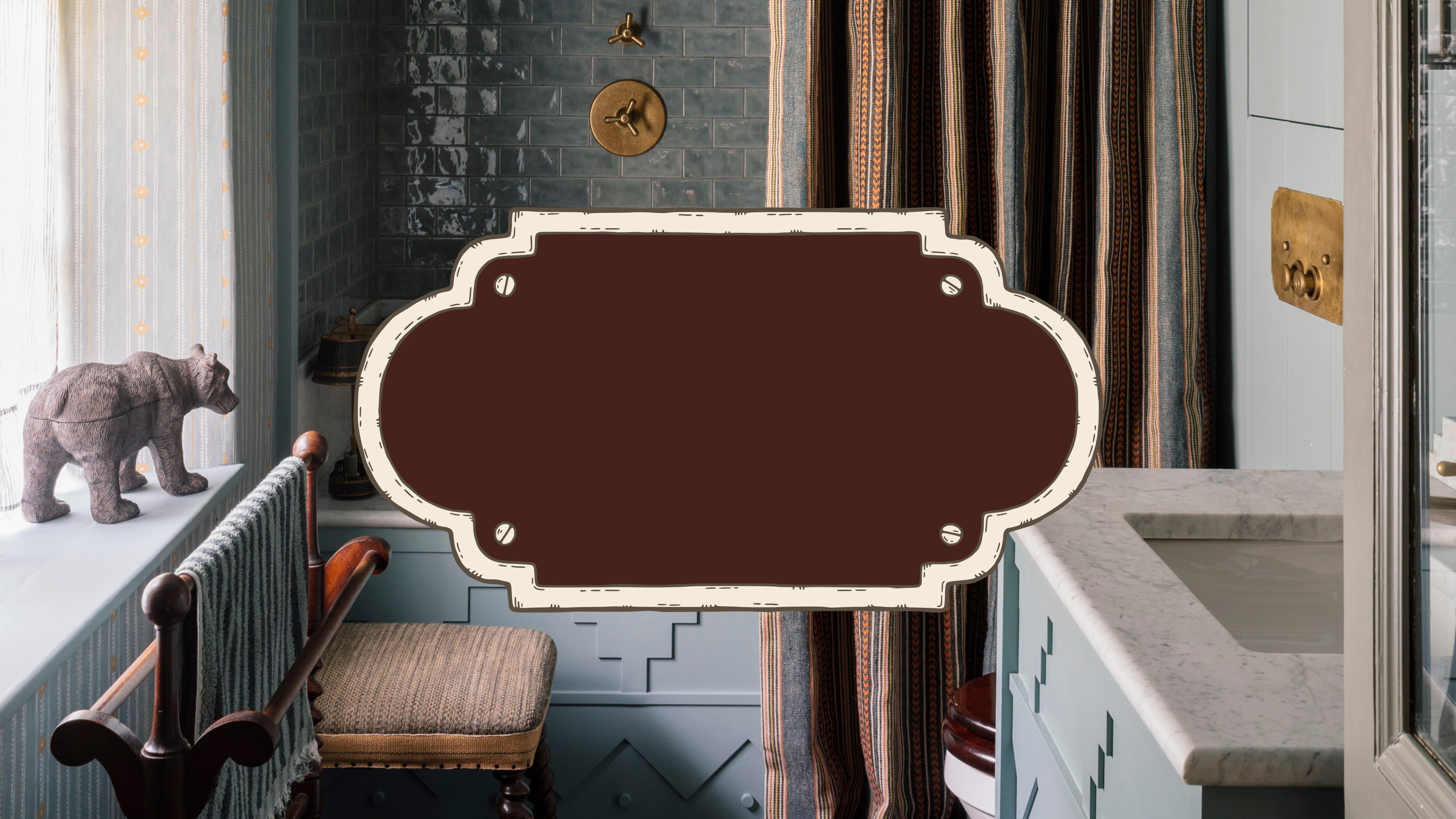 Bathroom featuring dark green subway tiles, a marble countertop, and a sculptural bear figurine on the windowsill